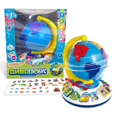 Диво-глобус 62609 WToys, ОЗВУЧУВАННЯ УКРАЇНСЬКОЮ МОВОЮ, 7 віршів, 7 пісень, 10 казок, ноти, цифри, сортер, намистини, підсвічування, в коробці 
