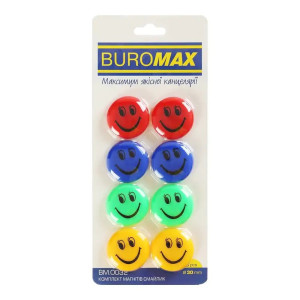 Магніти для дошки Buromax BM.0032 “Кольорові смайлики”, 8 шт., 3 см