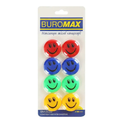 Магніти для дошки Buromax BM.0032 “Кольорові смайлики”, 8 шт., 3 см